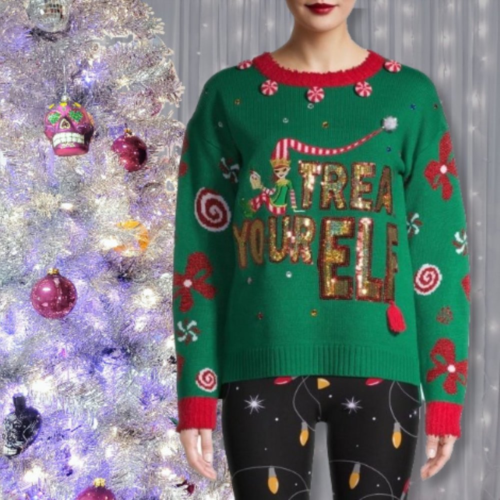 "Treat Your Elf" Bling Ugly Christmas Sweater Crew Neck NWT